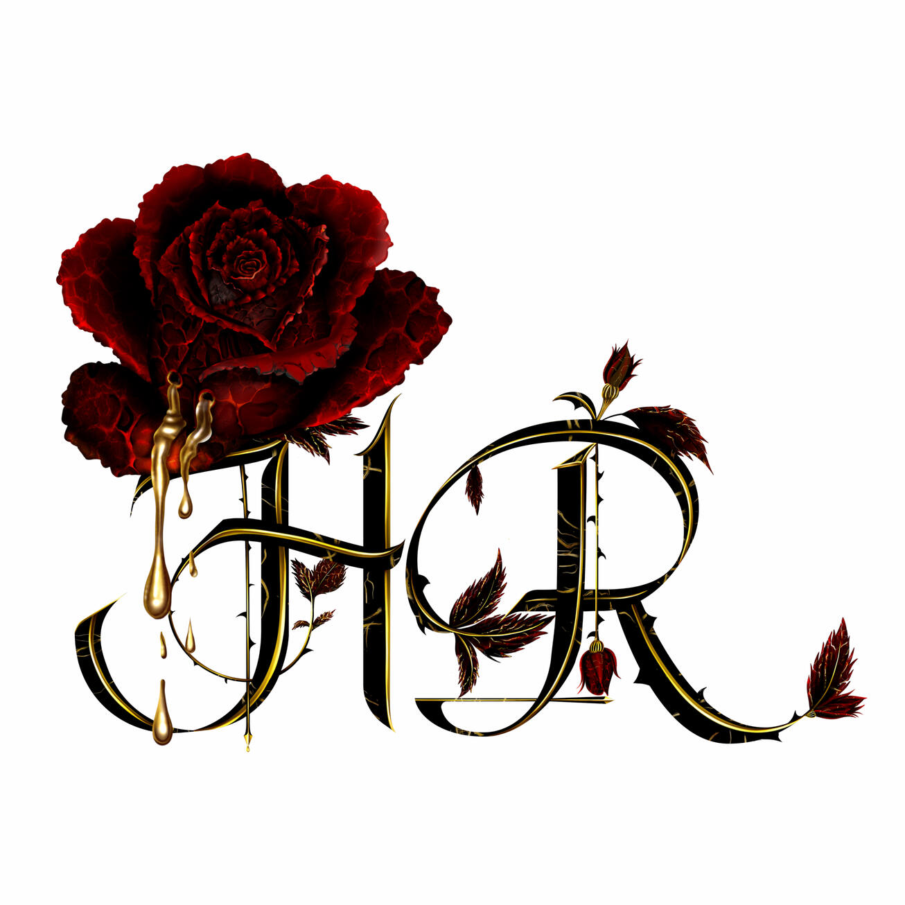 Logo for author HR. I wanted something that represented the paranormal/fantasy/dark/romantic genres. The rose is romantic, but it is charred and has two holes, which are vampire bites that ooze golden blood from the angels, giving it a paranormal and fan